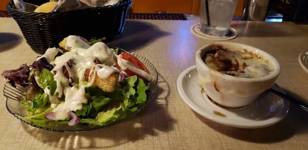 Side Salad with Ranch and Blue Cheese Dressing and French Onion Soup